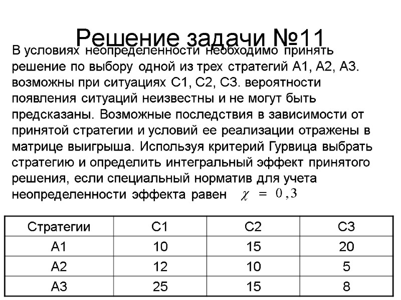 Решение задачи №11 В условиях неопределенности необходимо принять решение по выбору одной из трех